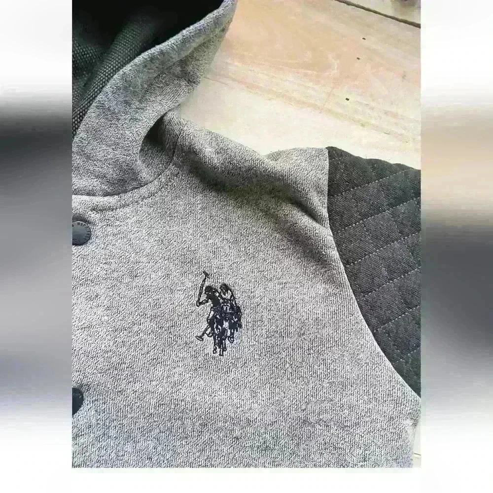 US Polo Assn Graphics Logo Button Up Varsity Jacket Coat Boys Size 7 Gray